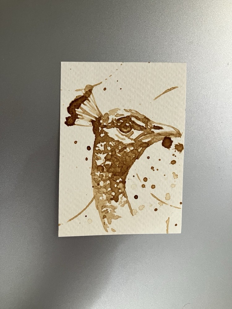 Original Coffee Peacock Painting Bird Lover Art Aceo Gift ATC Artwork Artettina