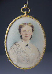 Antique Oval Miniature Portrait Watercolor of a Lady w/ Gilt Brass Frame