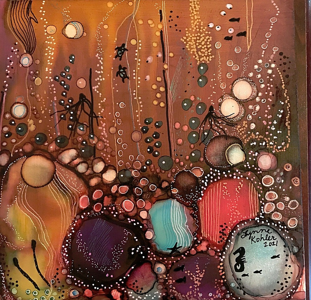 Canvas Board 8×8″ Bubbles Sea animals original painting by Lynne Kohler