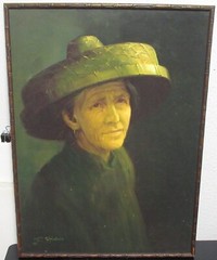 P CHAN CHINESE WOMAN WITH STRAW HAT ORIGINAL OIL ON BOARD PAINTING