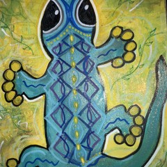 Folk Art Desert Lizard Blue, Yellow , Moody Virgo Art Mixed Media