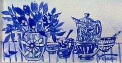 Pamela Wilhelm Tiny 3”x5 Original Blue Delft Look Watercolor Matted To 5×7”