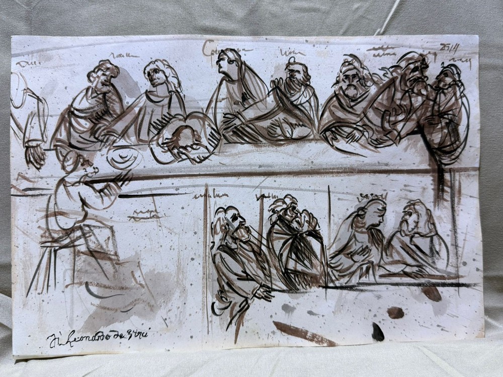 LEONARDO DA VINCI drawing and painting on old paper signed stamped vintage