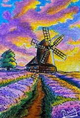 ACEO Colored Pencil Drawing Windmill Sunset Lavender Field Landscape Art