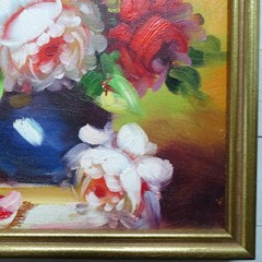 Miniature Floral Still Life Oil Painting PEONIES Signed Marin Framed 10.75×8.75
