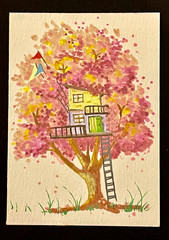 ACEO Original, Abstract Pink Tree House Mini Art Painting, by Annibbie