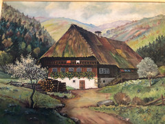 Vintage 1946 oil on board painting traditional German Blackforest signed Geotze