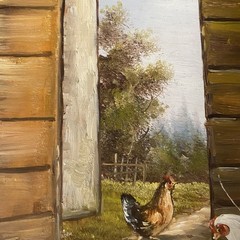 Oil Painting Roosters And Chickens In A Barn Signed