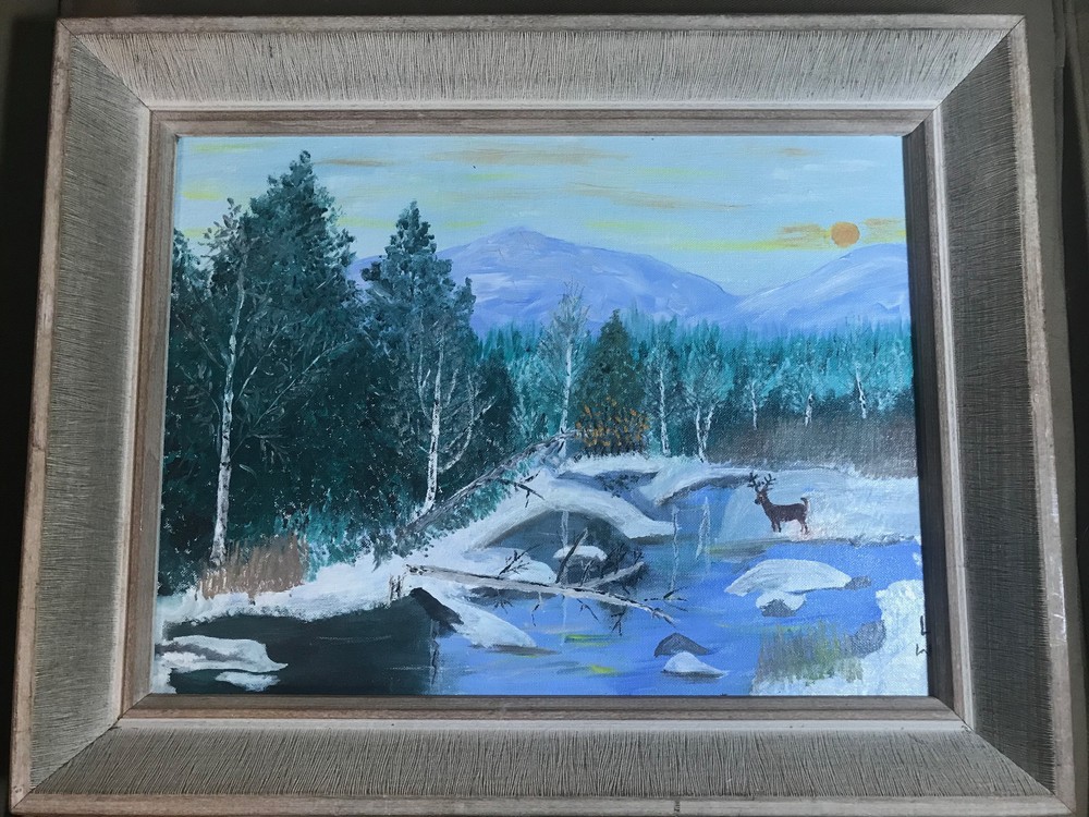 Vintage L.W Folk Art „Deer In Winter Landscape“ Oil Painting – Signed/Framed