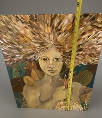 Vntg Folk Art Portrait Woman Holding Chicken Legs 23” X 18” Acrylic On Wood