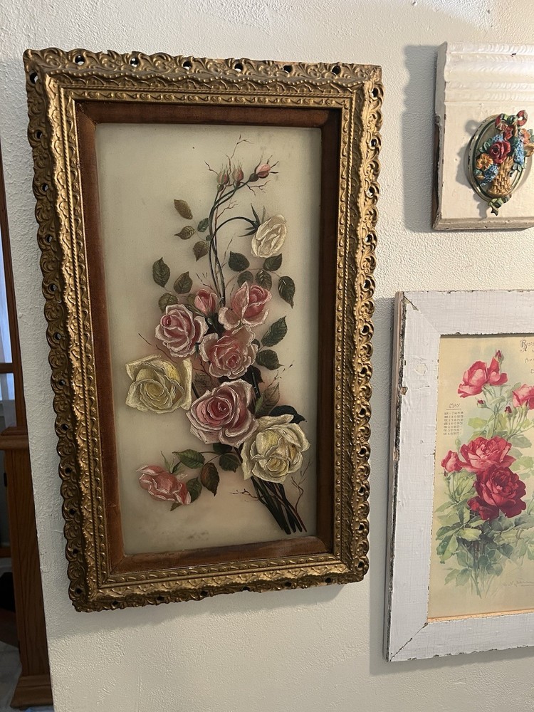 Antique Victorian Rose Oil Painting On Glass. Rare. Pink & yellow & White