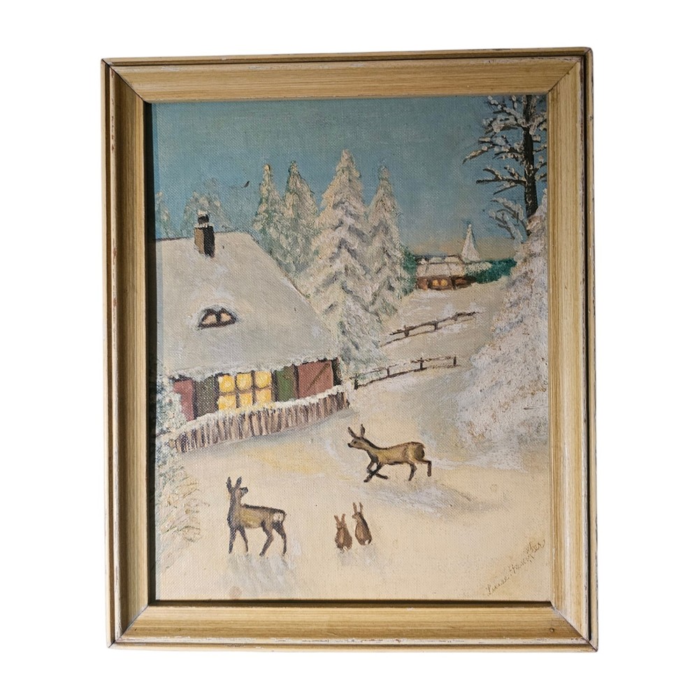 1959 Signed Folk Art Winter Deer Cabin Oil Painting Snow Scene Framed 11×9