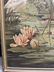 Antique 39×15” Water Lilies Cranes Oil Painting Birds Floral Landscape Lake SGND