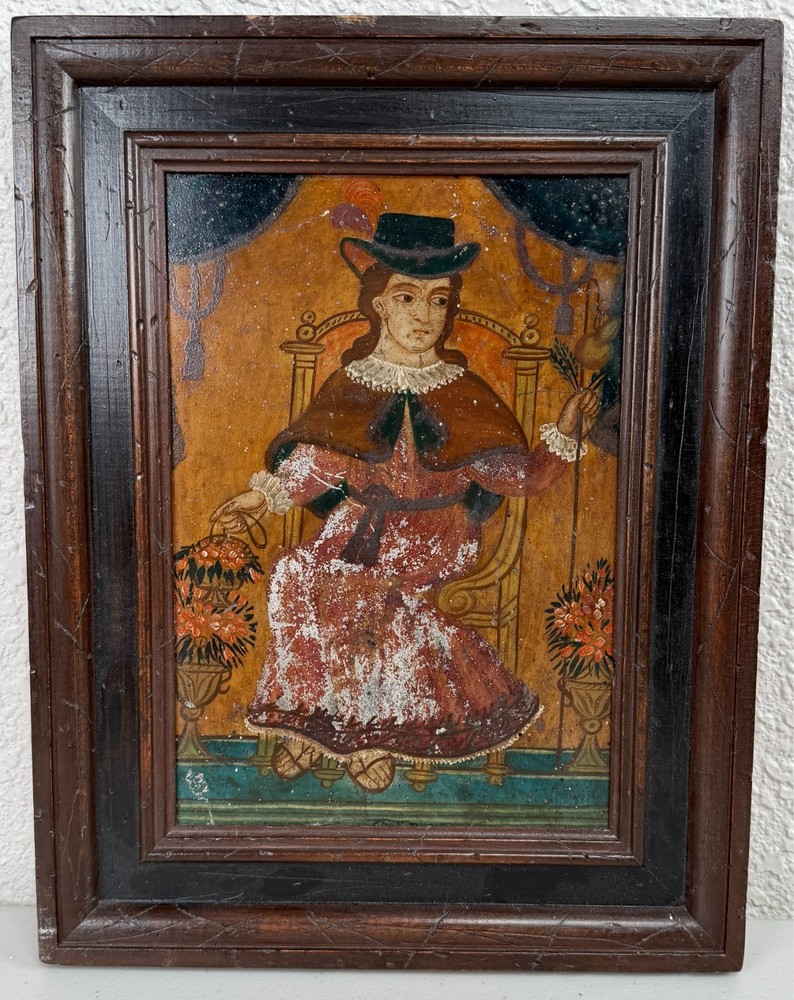 Antique Oil Painting Mexican Retablo Santo Atocha Christ Child Colonial 19th C.