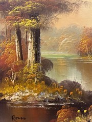 Oil Painting 16×20” Autumn forest landscape, stand still lake, warm tones
