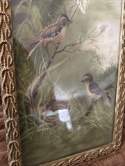 Antique Pastel Painting W. Lush Green Landscape & Birds Gilded Gold Frame