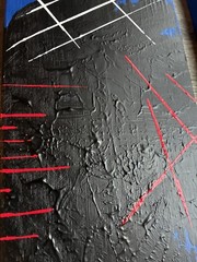 abstract painting, abstract art, red, blue, black, white, scrap wood, acrylic