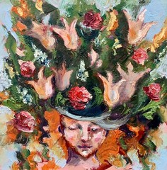 Original Oil Art 6×6” Portrait Woman Face Painting Floral Impasto Oil Painting