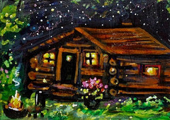 ACEO Original PAINTING Summer CABIN Flowers Fire Night Stars Landscape ATC ART