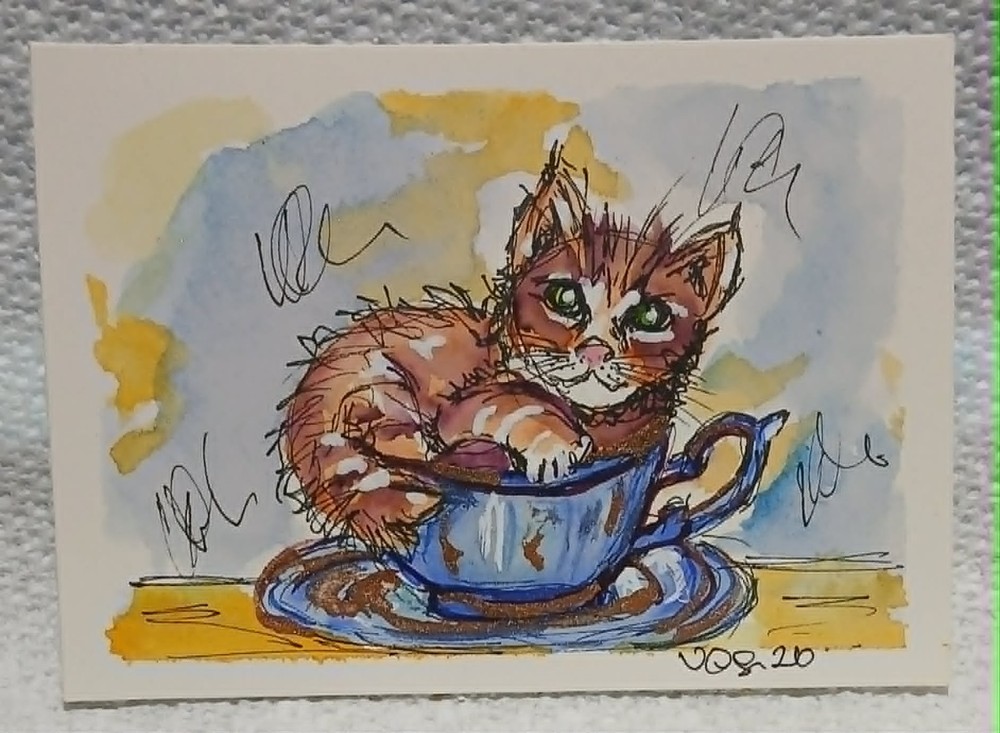 OOAK Watercolor ACEO Ginger Tabby Kitten in Blue Gold Teacup Scribble Art by Vir