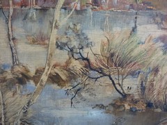 Margott Heinz * 1913 Gemälde Gewässer / Fluss Landschaft mit Bäumen 1975