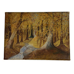 Original Oil Painting Golden Autumn Forest Landscape Woodland Stream Canvas