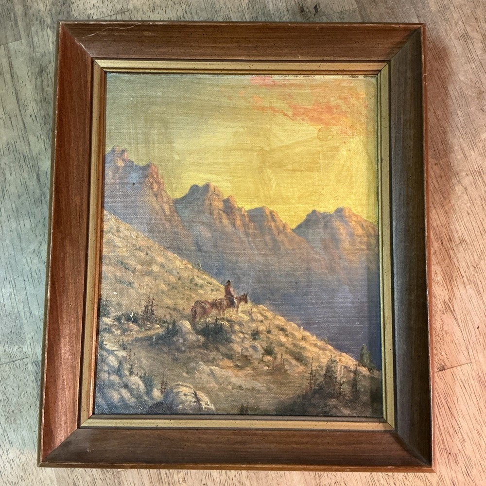 Antique Cowboy Western Mountain Scene Original Oil On Canvas Board Painting