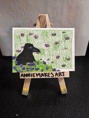 ACEO ATC Original Crow Raven Bird Flowers Corvid Black Lookout AnnieMakesArt