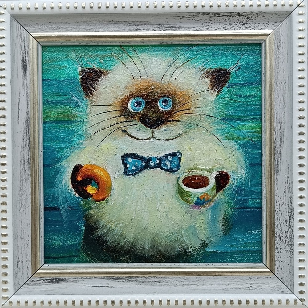 Original oil painting framed portrait art Cats 4×4 inches