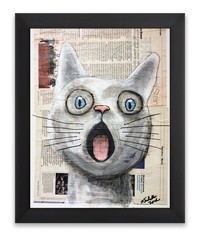 Original Whimsical Cat Painting Mixed Media – Paper on Canvas and magazine paper