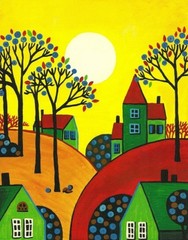 11×14 PRINT OF PAINTING RYTA ABSTRACT FOLK ART TREE HOUSES SUNSET Farm Decor 🍁