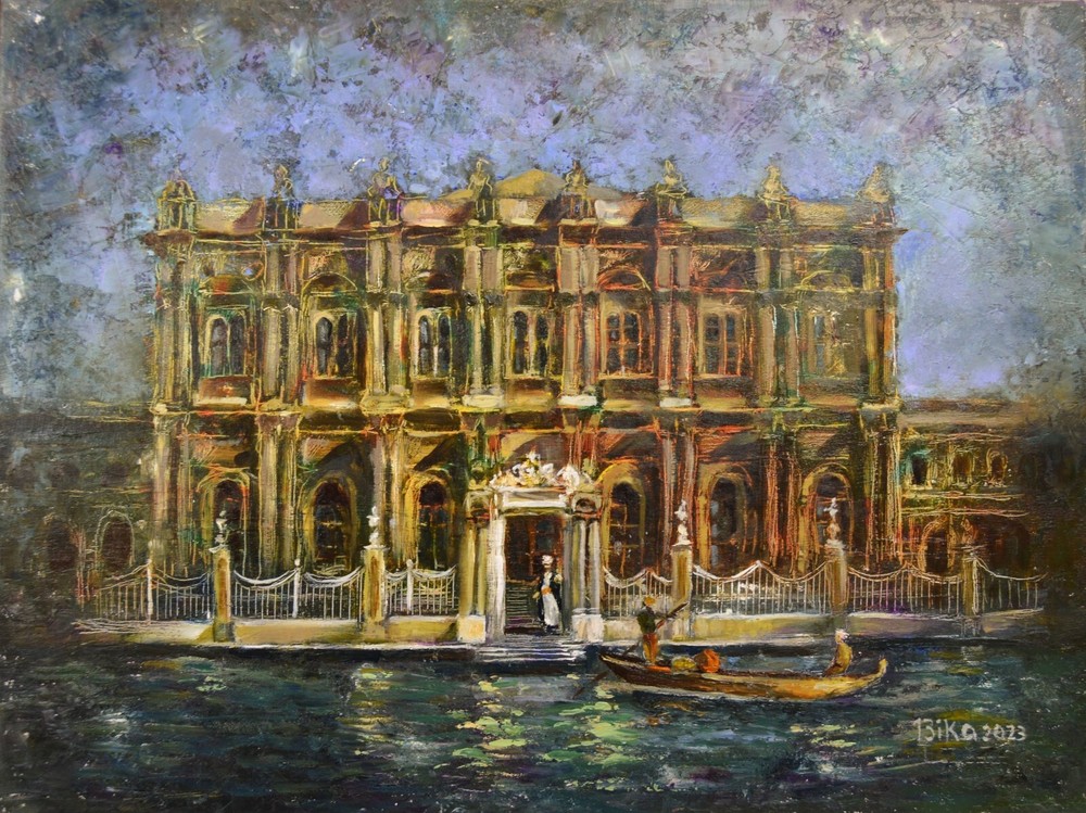 Istanbul Oil Painting Palace Dolmabahce Bosphorus View with Boat Original Art
