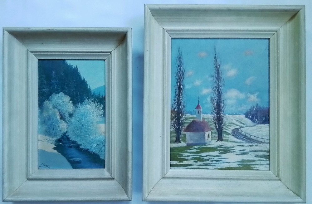 VINTAGE (2) LANDSCAPE PAINTINGS~WINTER W/KAPELLE(CHURCH)~SIGNED PAPSTR-LOOK !
