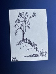 ACEO Original Art, Tiny Art, ATC Card Ink Sketch Signed Tree Hill Village