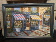 Oil Painting Of European Cafe Scene. Painting Is 36” X 24”. Frame Is 42” X 30”