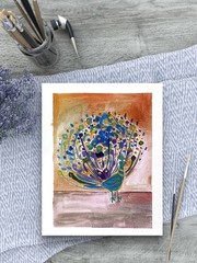 Colorful Peacock Abstract Impressionist Original Watercolor Painting 8×10