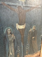 19th Century Retablo Antique Mexican Oil on Tin Painting Crucifixion of Christ