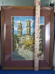 Vintage Original watercolor landscape signed REYES, Prisca Church, Taxco Mexico