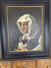 Italian School Oil Painting Female & Cat ,Flemish Ebonized Style Frame