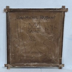 JEAN-MICHEL BASQUIAT ACRYLIC ON CANVAS 1982 WITH TIED WOOD SUPPORTS 32 X 32 IN.