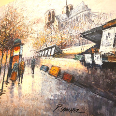 P. Sanchez Signed Victorian Era Paris Street Scene 24×36”Oil Painting Unframed