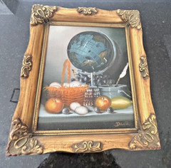 Vntg Framed Oil Painting Still Life Globe & Fruit Signed David Ornate Frame