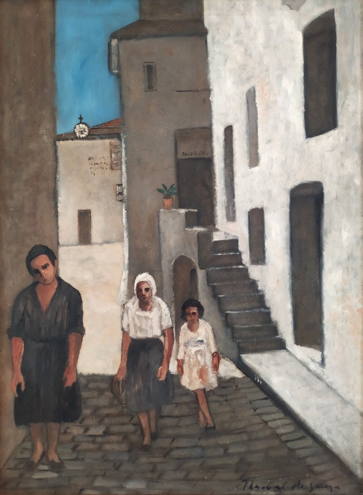 Post-War Realist Oil Painting signed Old Italian Village with Female Figures