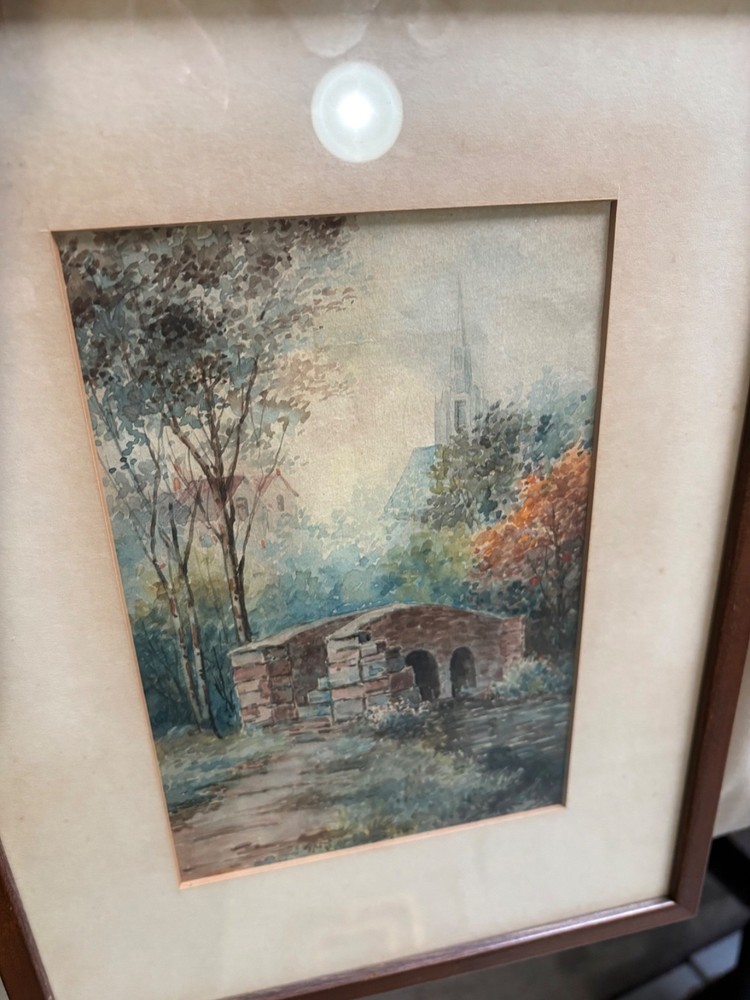 Antique Watercolor Painting Framed Landscape Stone Bridge Church England 10×13”