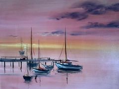 Vintage Original Oil Painting Sailboats at Sunset Marina Seascape Framed