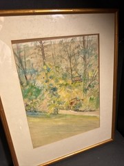 Vintage Japanese Garden Watercolor Painting Framed 25×20 Asian Landscape Art