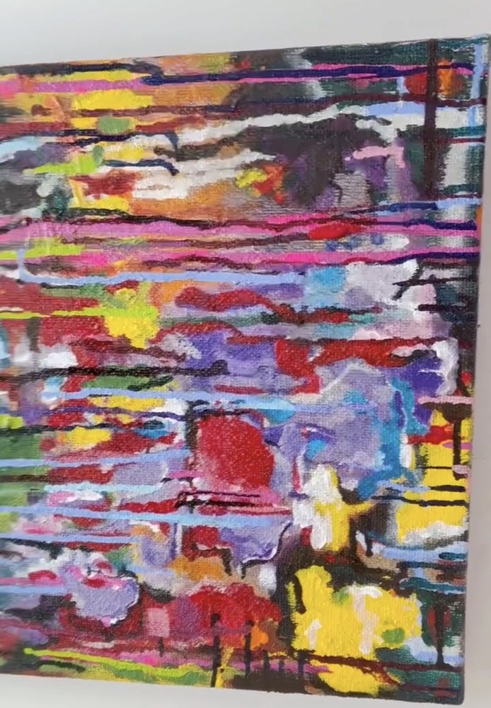 OOAK Abstract Freehand Rainbow Painting On BURLAP Mixed Media Wall Art 16” X 20”
