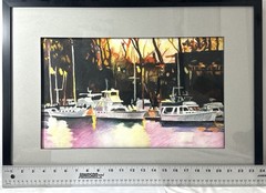 Original “Sacto Yacht Club” Oil Pastel Signed Chambers Framed Marina Harbor Art