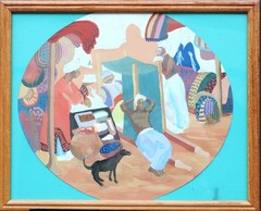 Oriental bazaar market vintage framed watercolor painting original artwork fine