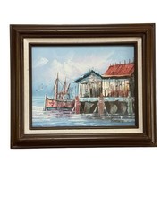2 Oil Paintings by Florence Sailing Harbor Ocean Dripping Dock Hand Painted Orig